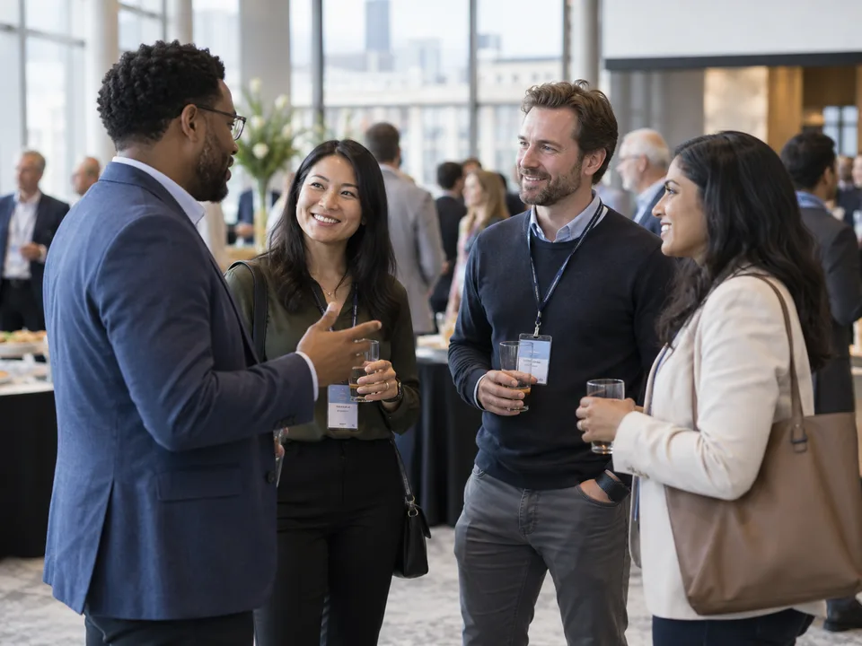 Business colleagues talking at a conference networking event