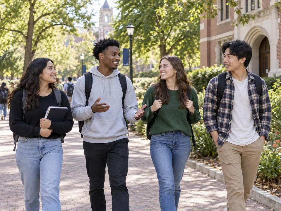 Students with backpacks walking together through a leafy university campus