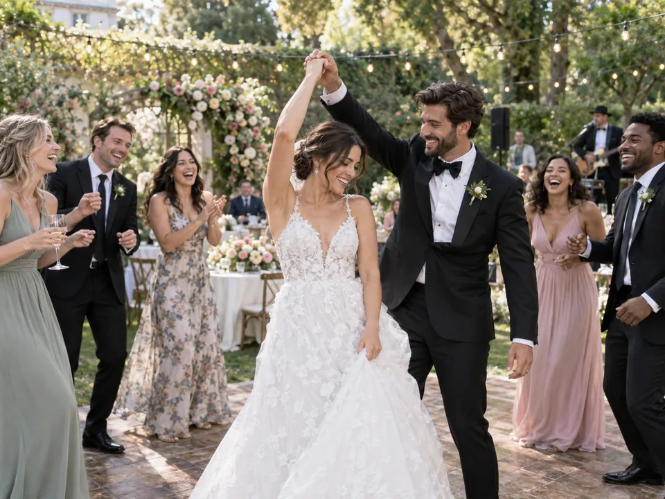 A newlywed couple dancing with friends at a garden wedding reception